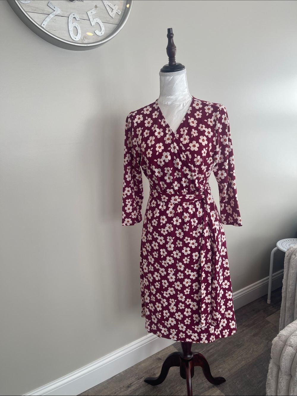 Floral Wrap Midi Dress in Burgundy